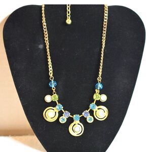 Vintage Dashing Blue/Green Beads/Rhinestone Faux Pearl Dangle Gold Tone Necklace